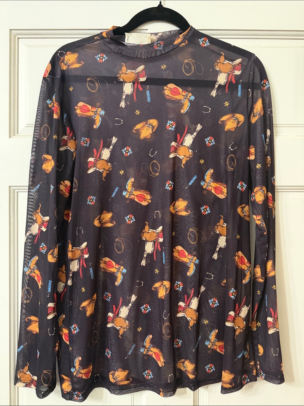 Avery Black Western Print Sheer Top with Yellow and Red Accents
